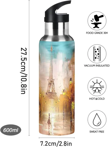 Miniatura 9 de Insulated Water Bottle 20 Oz, BPA-Free Sport Water Bottle for Gym Outdoor Travel School, Painting Street Paris Eiffel