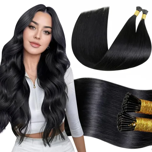 LaaVoo Extensiones de cabello humano con puntas I Tip de color negro azabache, extensiones de cabello humano real de los años 60, sedoso y lacio,