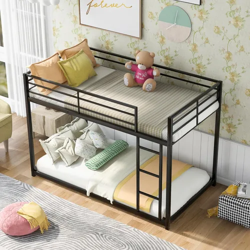 Harper & Bright Designs Litera de metal individual sobre individual, litera baja resistente con barandillas de seguridad y escalera (negro)