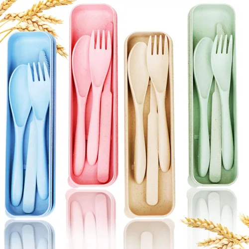 Miniatura 15 de YDYTOP Juego de utensilios de viaje reutilizables con estuche, cuchillo portátil de paja de trigo beige, tenedor, cucharas, vajilla, cubiertos