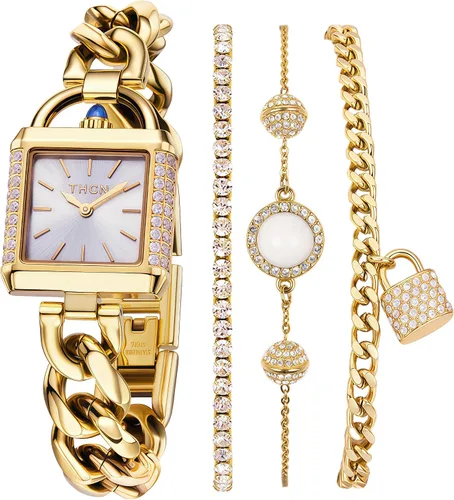 THCN Women's Gold Watch & Bracelets Set, Ladies Dainty Watches Jewelry for Women with Crystal Bezel & Adjustable Bracelets, Luxury Jewelry Gift Set
