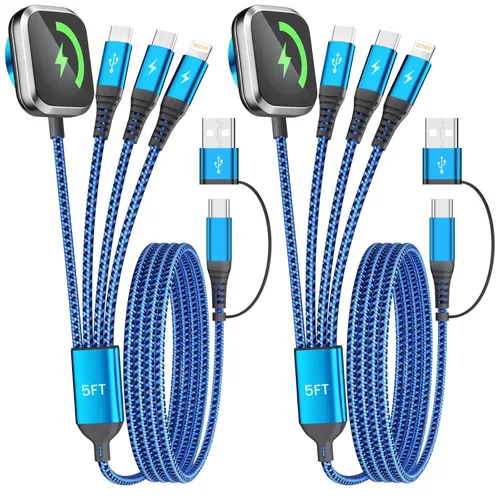 Miniatura 13 de Cable de Carga Múltiple para Cargador de Apple Watch, 4 en 1 Cable Cargador de Teléfono USB A/C con Doble Tipo-C/IP, Cable Magnético iWatch de Nylon