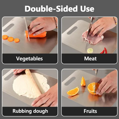 Miniatura 7 de Honeycomb - Juego de tablas de cortar de acero inoxidable de 3 piezas, diseño antideslizante que reduce arañazos, perfecto para carne, verduras