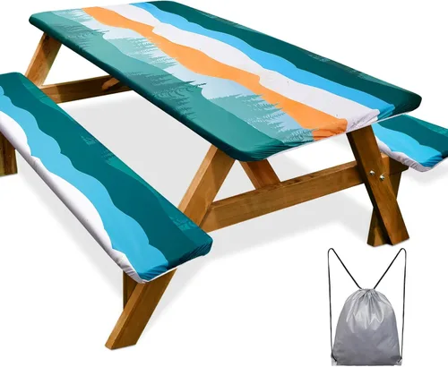 Miniatura 23 de Funda de mesa de picnic con fundas para bancos Esenciales de camping Mantel de picnic impermeable y a prueba de viento con bolsa de cordón, funda