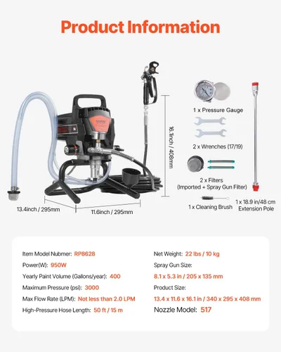Miniatura 8 de VEVOR - Pulverizador de pintura sin aire de pie de 950W, pulverizador eléctrico sin aire de alta eficiencia de 3000 PSI, pulverizadores de pintura