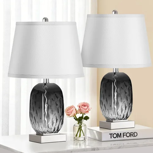 Miniatura 10 de Juego de 2 lámparas de mesa con control táctil, lámpara de noche de cristal verde azulado costero con puertos USB A+C, lámparas de mesa de noche