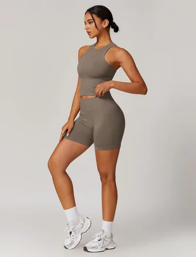 Miniatura 37 de Conjuntos de entrenamiento para mujer, 2 piezas, sin costuras, acanalada, sin mangas, brasier deportivo, cintura alta, pantalones cortos