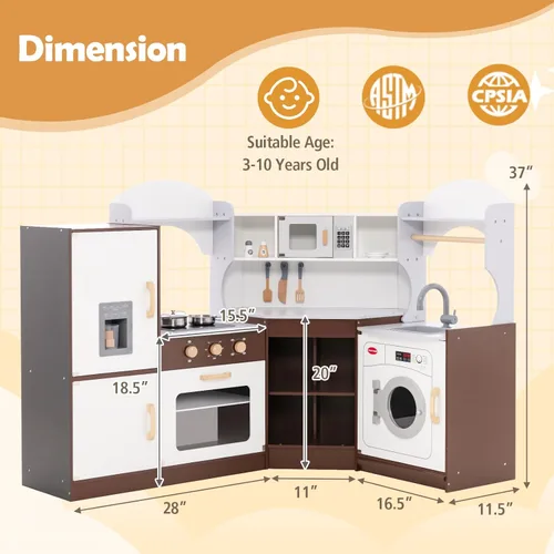 Miniatura 6 de Costzon Juego de cocina esquinera para niños, cocina de madera con sonidos y luces, lavadora, máquina de hielo, microondas, horno, fregadero