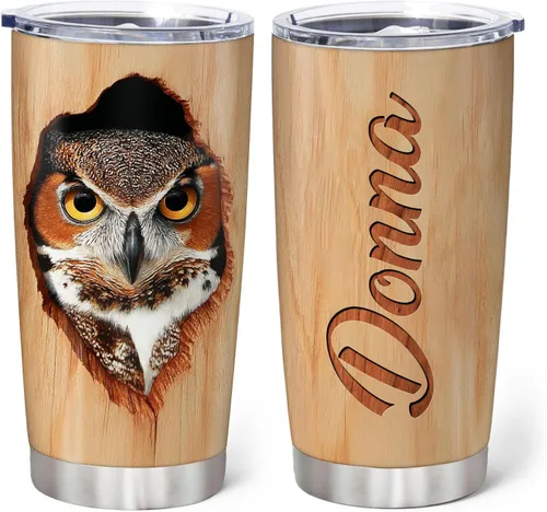 Miniatura 20 de Hyturtle Vaso Personalizado para Amantes de Búhos - Vaso de Café de Acero Inoxidable con Impresión de Búhos y Nombre Personalizado 590 ml con Tapa