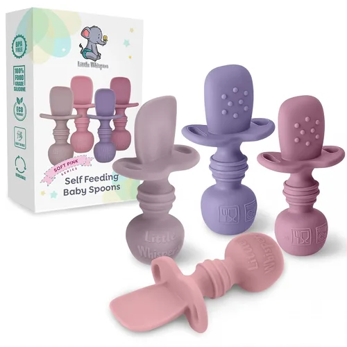Miniatura 8 de LittleWhispers - Cucharas de silicona para bebés, autoservicio de 6 meses, utensilios aptos para bebés, niños pequeños y niños, primera etapa, Pinks