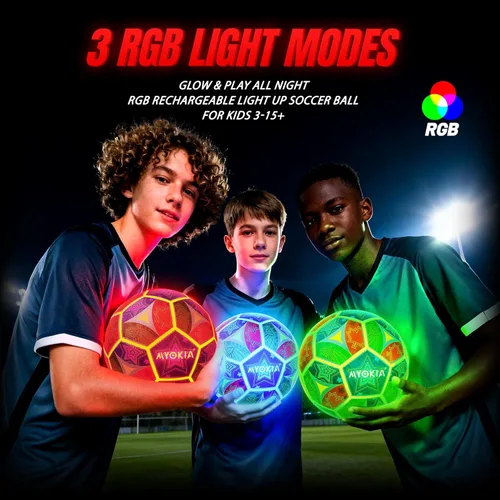 Miniatura 3 de Balón de fútbol recargable con luz, tamaño 5, RGB tricolor, brilla en la oscuridad, para niños y adolescentes de 3 a 15 años, regalo deportivo
