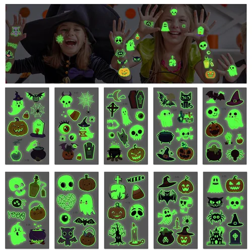 Miniatura 3 de Ozepao Juego de 10 hojas de calcomanías temporales de tatuaje de Halloween, 88 diseños únicos con calabazas, calaveras, esqueletos, fantasmas