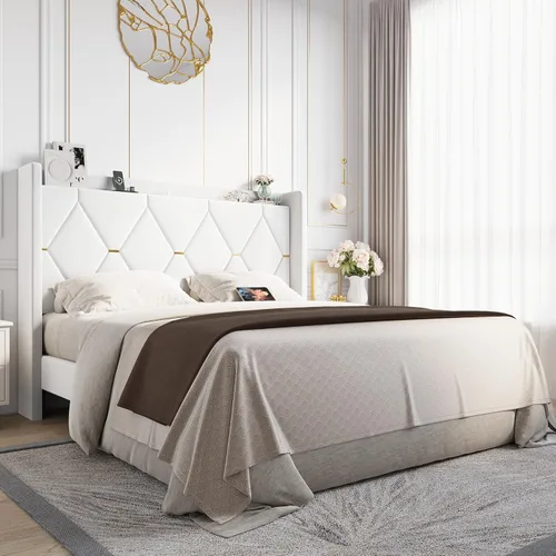 Allewie Base de cama tapizada Velvet Queen con cabecera de almacenamiento con respaldo alado y estación de carga, cama de plataforma con diseño