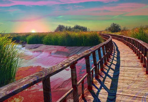 Miniatura 3 de Lucid Eye Cartel de estanque de fusión, Póster de puente psicodélico, Arte de pared de paisaje trippy, Póster colorido, Diseño de atardecer de neón