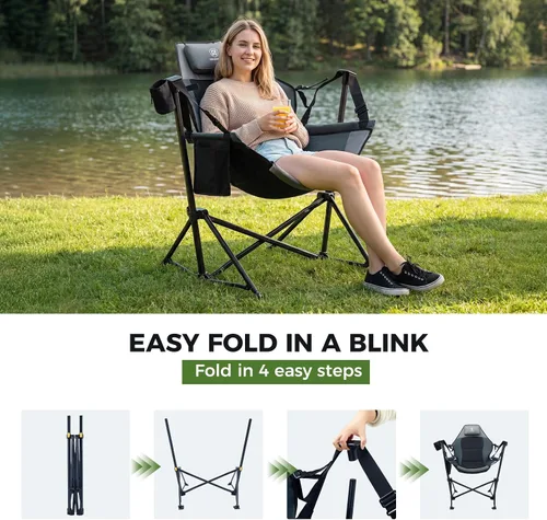 Miniatura 4 de EVER ADVANCED Hamaca acolchada para camping, silla columpio de gran tamaño resistente con portavasos desmontable, silla mecedora plegable portátil