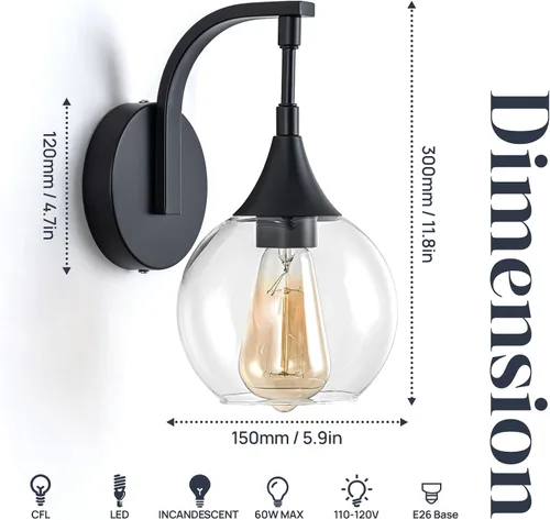 Miniatura 3 de Juego de dos apliques de pared negros, lámpara de pared moderna con pantalla de vidrio transparente, accesorios de iluminación de tocador de baño