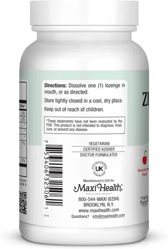 Miniatura 7 de Maxi-Health Pastillas de zinc – Citrato de zinc 10 mg – con vitamina C – Sabor a cereza – 60 masticables – Kosher