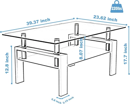 Miniatura 2 de Mesa auxiliar de cristal para sala de estar, mesa central rectangular de 2 niveles con patas de metal, mesa auxiliar para el hogar, oficina