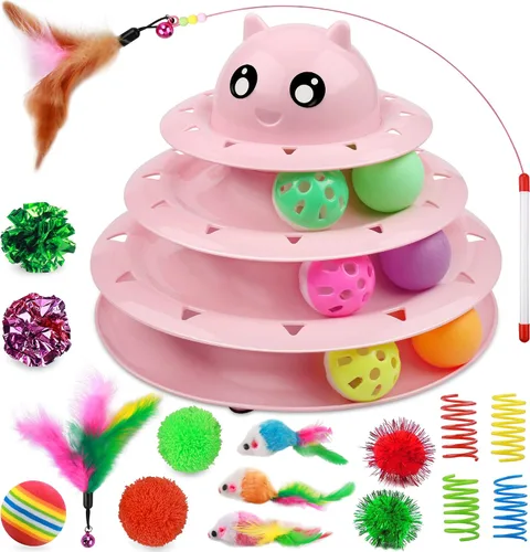 Miniatura 14 de UPSKY Juguete Rodillo para Gatos Tornamesa de 3 Niveles Juguete para Gatos con Pelotas con Seis Pelotas Coloridas Juguetes Interactivos para Gatitos