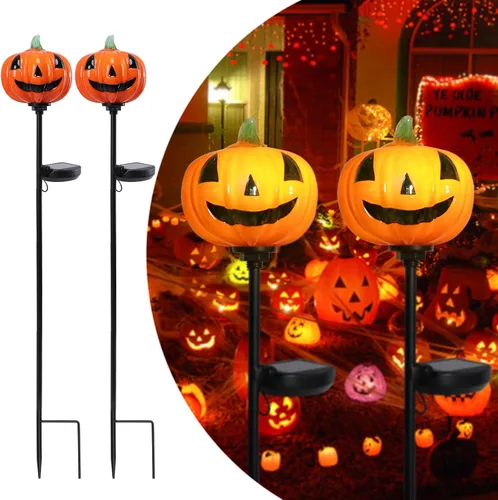 Afirst Luces solares de calabaza de Halloween para caminos de cristal soplado a mano para Halloween, linterna de Halloween, pantalla LED solar para