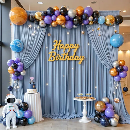 Miniatura 216 de Cortina de fondo de 20 pies × 8 pies sin arrugas azul bebé para fiesta de cumpleaños de niño, 4 paneles de 5 × 8 pies de poliéster azul suave