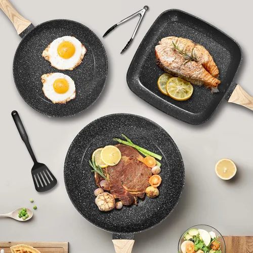 Miniatura 5 de VOTTGO Juego de 19 ollas y sartenes antiadherentes, juego de utensilios de cocina de inducción de granito negro, no tóxico, saludable