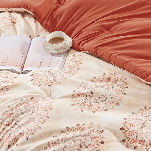 Miniatura 6 de SLEEP ZONE - Juego de edredón con patrón damasco beige tamaño twin XL, cama en una bolsa - transpirable, 5 piezas con 1 edredón (68x88), 1 sábana