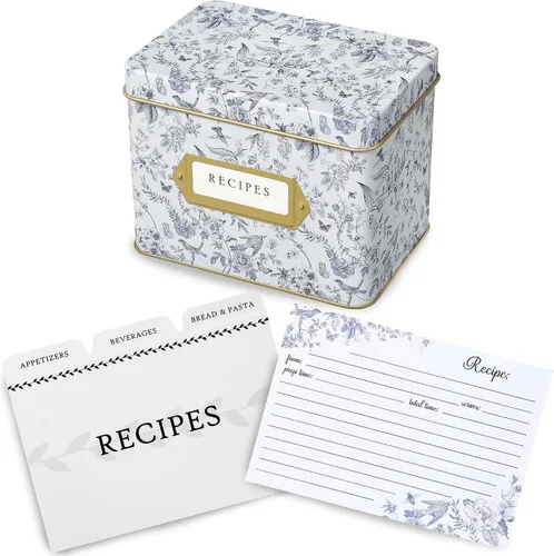 Miniatura 8 de Jot & Mark Caja de regalo para tarjetas de recetas, 50 tarjetas de 4 x 6 pulgadas, 14 divisores, caja de lata decorativa, patrón floral