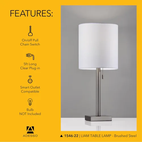 Miniatura 6 de Adesso Lámpara de mesa de acero cepillado con pantalla blanca, luz de acento moderna para dormitorio, sala de estar y decoración de la casa, 22