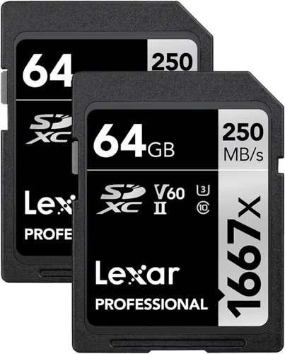 Lexar Tarjeta de Memoria SD Profesional de 64GB (Paquete de 2) 1667x, UHS-II, C10, U3, V60, Full HD, 4K, Hasta 250MB/s de Lectura SDXC, para