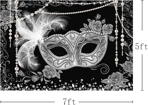 Miniatura 3 de MEHOFOND Telón de fondo para baile de máscaras negro plateado, para fotografía de fiesta de máscaras, fondo para Mardi Gras, carnaval, decoración