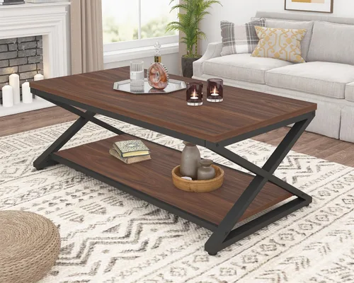 Miniatura 16 de HSH Mesa de sala de estar de madera de metal minimalista moderna negra con estante de almacenamiento, mesa central rectangular de 39 pulgadas y 2