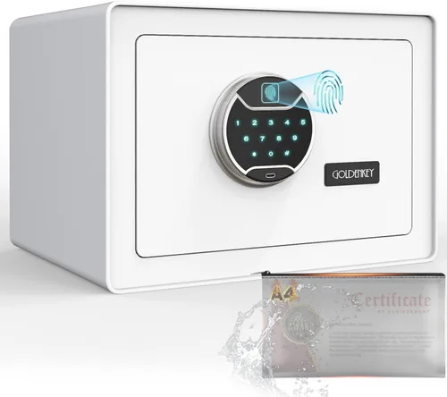 Caja fuerte GoldenKey blanca con huella dactilar para el hogar, caja de seguridad biométrica de 1.2 pies cúbicos con teclado táctil, cajas fuertes