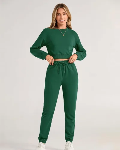 Miniatura 33 de BTFBM Conjunto deportivo de 2 piezas para mujer, camiseta corta de manga larga, sin botones, pantalón con cordón ajustable, pantalones deportivos