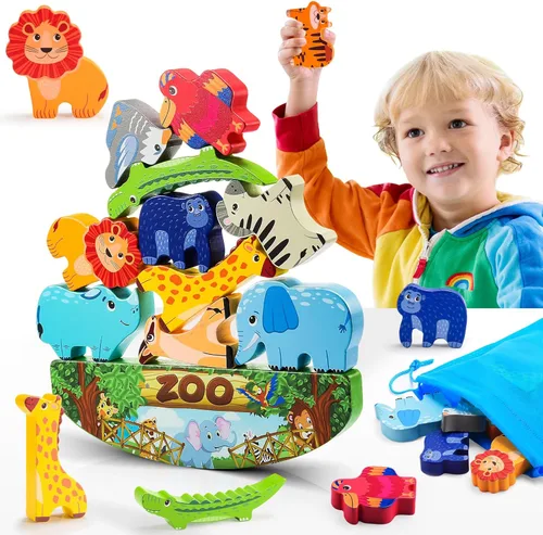 IPOURUP Bloques de Animales de Madera Apilables Juguete para Niños Regalos de Navidad y Cumpleaños para Niño Niña Edad 3-7 Animales Montessori