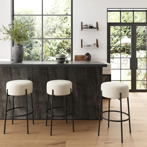 Miniatura 3 de Nathan James Isaac Taburete de bar sin respaldo moderno de 29" con asiento de boucle suave y redondeado acolchado y base de metal de mediados