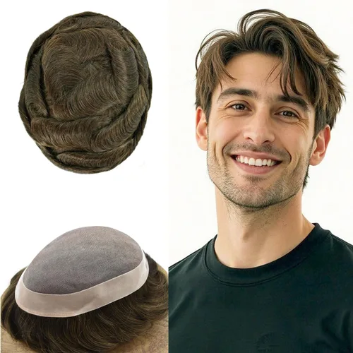 Miniatura 35 de Toupee de cabello humano fino mono revestido de poliéster para hombre, postizo de monofilamento duradero NPU monofilamento tupé para hombres
