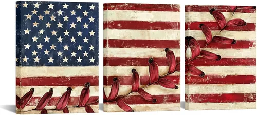 Artsbay Arte de pared con bandera estadounidense roja, lienzo con costuras de béisbol, cuadros modernos, retro, deportes, obras de arte para