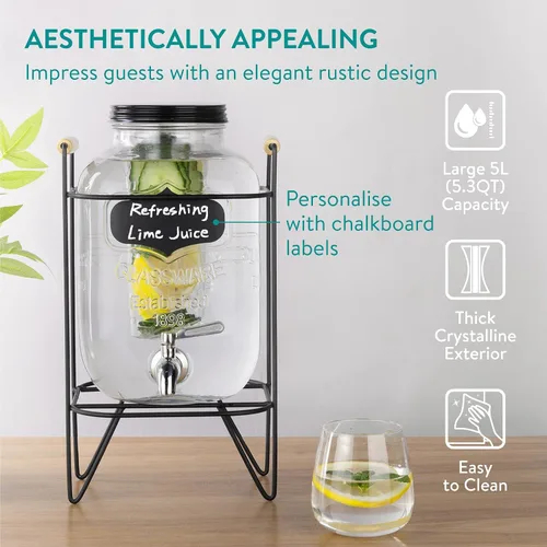 Miniatura 5 de Navaris Dispensador de bebidas en tarro de vidrio con grifo, incluye soporte de metal, tubo de hielo e infusor de frutas, para cóctel, limonada