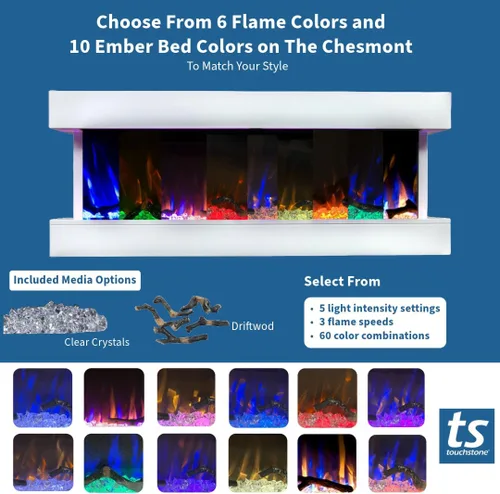 Miniatura 6 de Touchstone Chesmont Chimenea eléctrica inteligente - Chimenea para colgar en la pared con manto flotante blanco de 50" de ancho - Habilitada