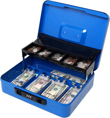 Miniatura 20 de Jssmst Caja grande de metal con cerradura con bandeja de dinero, caja de dinero con cerradura de combinación, color negro Cerradura de combinación
