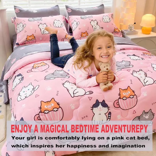 Miniatura 3 de Juego de edredón de 7 piezas con diseño de gatos para niñas, tamaño completo, ropa de cama en una bolsa, diseño rosa de dibujos animados de gatos