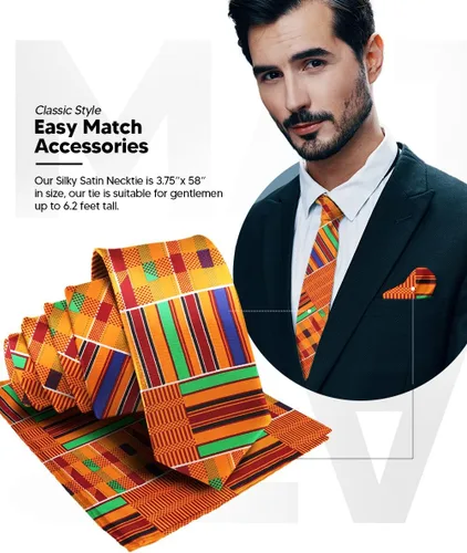 Miniatura 44 de Juego de corbata Kente con estampado africano y animal y pañuelo de bolsillo a juego