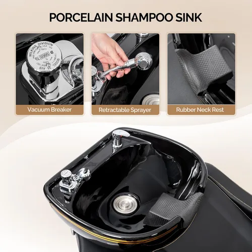 Miniatura 6 de OmySalon Unidad de lavado a contracorriente de champú con cuenco grande de porcelana, fregadero de salón, silla de lavado de cabello, estación