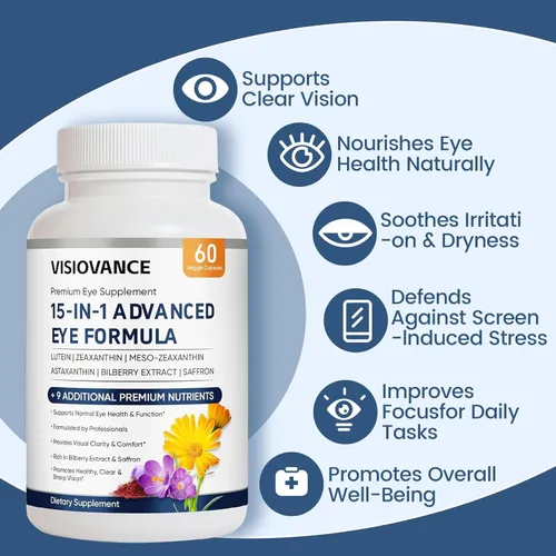 Miniatura 4 de VisioVance Fórmula avanzada 15 en 1 para ojos, vitamina ocular y suplemento mineral con luteína, zinc, luteolina, zeaxantina y extracto de arándano