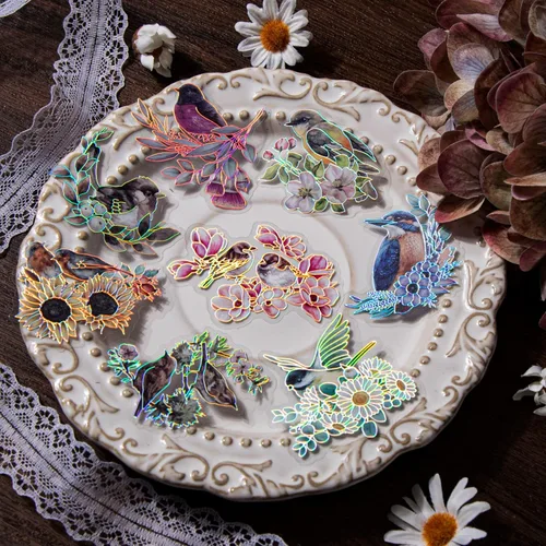Miniatura 2 de LakoArt 120 calcomanías de pájaros y flores con borde holográfico plateado y fondo transparente, calcomanías de álbum de recortes de naturaleza