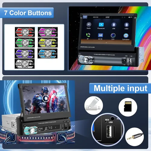 Miniatura 6 de Rimoody - Estéreo inalámbrico para automóvil con Bluetooth, pantalla táctil abatible de 7 pulgadas, reproductor MP5, compatible con Android Auto