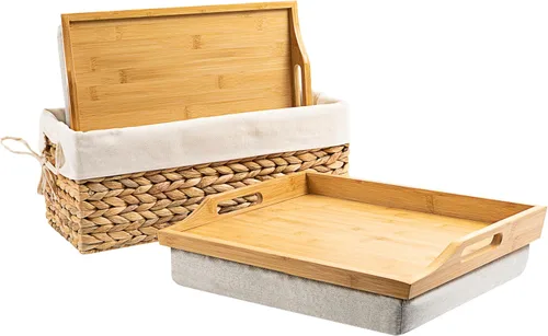 ROSSIE HOME Bandeja de cama de madera de bambú, escritorio de regazo, juego de dos, con cesta de almacenamiento de jacinto, natural, para portátiles