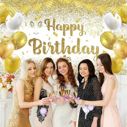 Miniatura 7 de Decoraciones de fiesta de feliz cumpleaños dorado y blanco, pancarta grande para mujeres, hombres y niñas, 70.8 x 43.3 pulgadas
