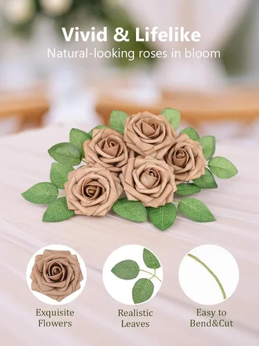 Miniatura 284 de N&T NIETING Flores artificiales, rosas artificiales de color rosa intenso, 50 piezas de flores falsas con tallo para ramos de boda DIY, centros